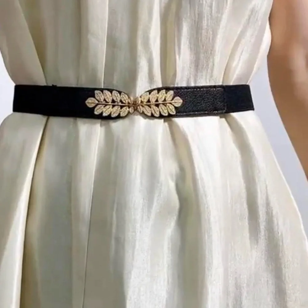 Black Elegant Gold Leaf‎ Buckle Elastic Casual Belt Adjustable One-Size